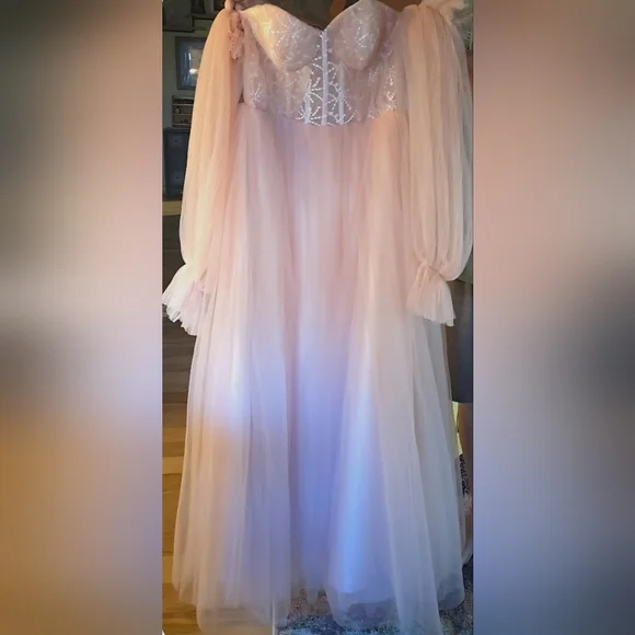 Romantic Blush Off-Shoulder Gown; Corset Style With Tulle Overlay - Picture 3 of 4